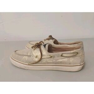 EUC Sperry Top-Sider Sz 9 Bahama Metallic‎ Tan/Goldtone Camo Suede Boat Shoe
